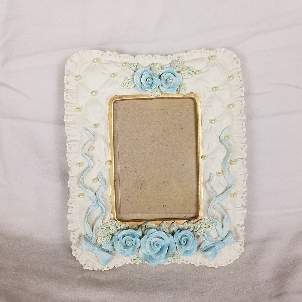 Picture Frame floral 3d resin White Ribbon Blue Rose Faux Pearl Ornate 3x5